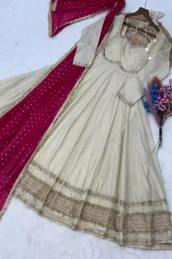 Designer cosmos gown with real mirror work & moss butti dupatta for women