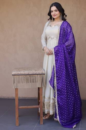 gown with real mirror & moss butti dupatta for women