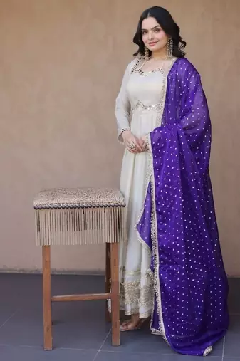 Designer cosmos gown with real mirror work & moss butti dupatta for women