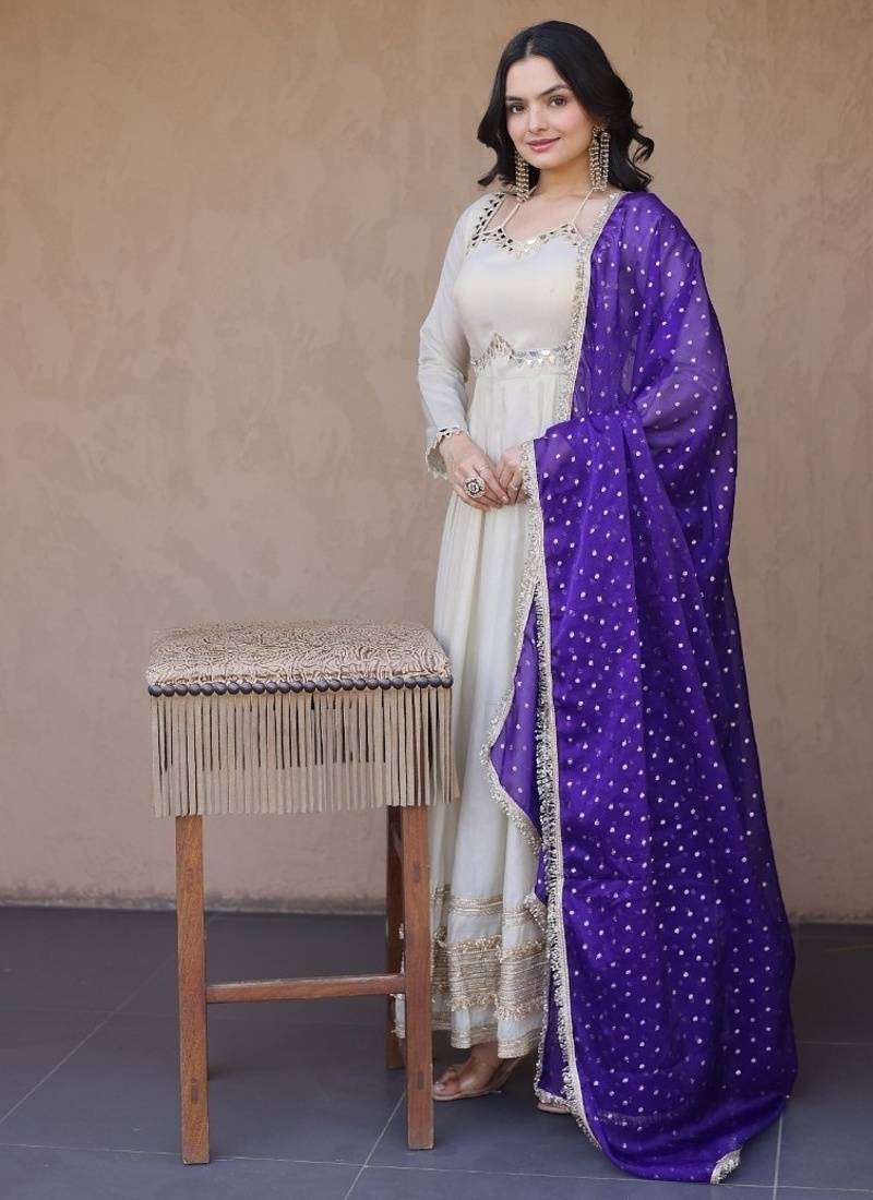 Designer cosmos gown with real mirror work & moss butti dupatta for women