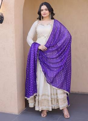 Designer cosmos gown with real mirror work & moss butti dupatta for women 2