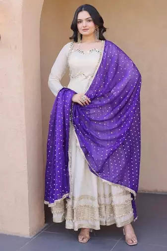 Designer cosmos gown with real mirror work & moss butti dupatta for women