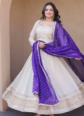 Designer cosmos gown with real mirror work & moss butti dupatta for women 3