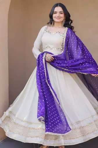 Designer cosmos gown with real mirror work & moss butti dupatta for women