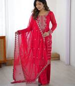 Designer faux georgette palazzo suit with thread & sequins work dupatta