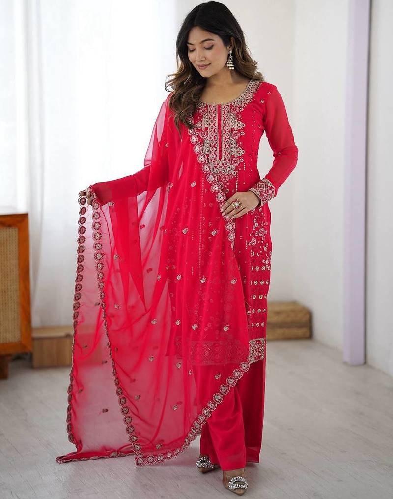 Designer faux georgette palazzo suit with thread & sequins work dupatta