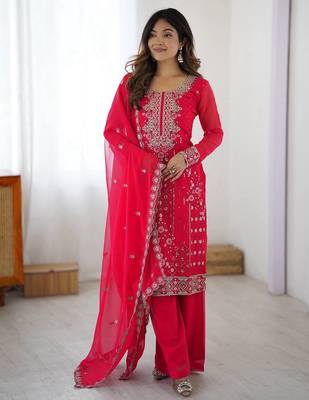 Designer faux georgette palazzo suit with thread & sequins work dupatta 2