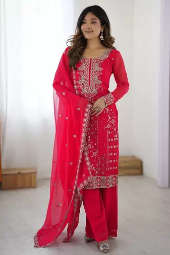 Designer faux georgette palazzo suit with thread & sequins work dupatta