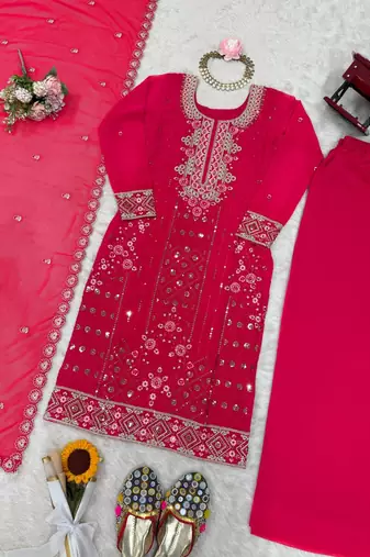 Designer faux georgette palazzo suit with thread & sequins work dupatta
