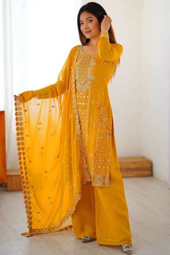 Designer faux georgette palazzo suit with thread & sequins work dupatta