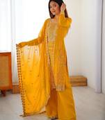 Designer faux georgette palazzo suit with thread & sequins work dupatta
