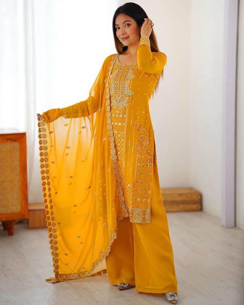 Designer faux georgette palazzo suit with thread & sequins work dupatta