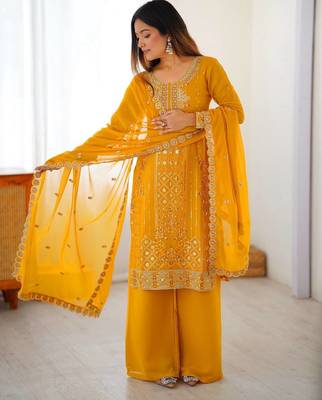 Designer faux georgette palazzo suit with thread & sequins work dupatta 2