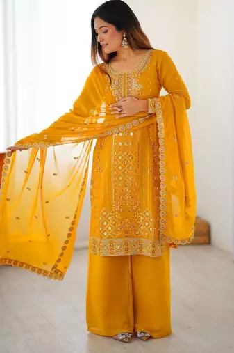 Designer faux georgette palazzo suit with thread & sequins work dupatta