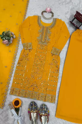 Designer faux georgette palazzo suit with thread & sequins work dupatta