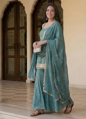 Teal green silk blend embroidered kurta & sharara set 1