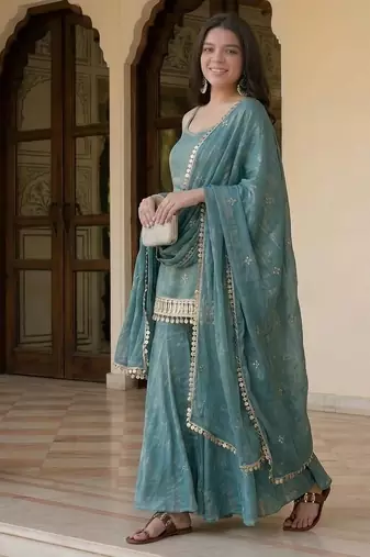 Teal green silk blend embroidered kurta & sharara set
