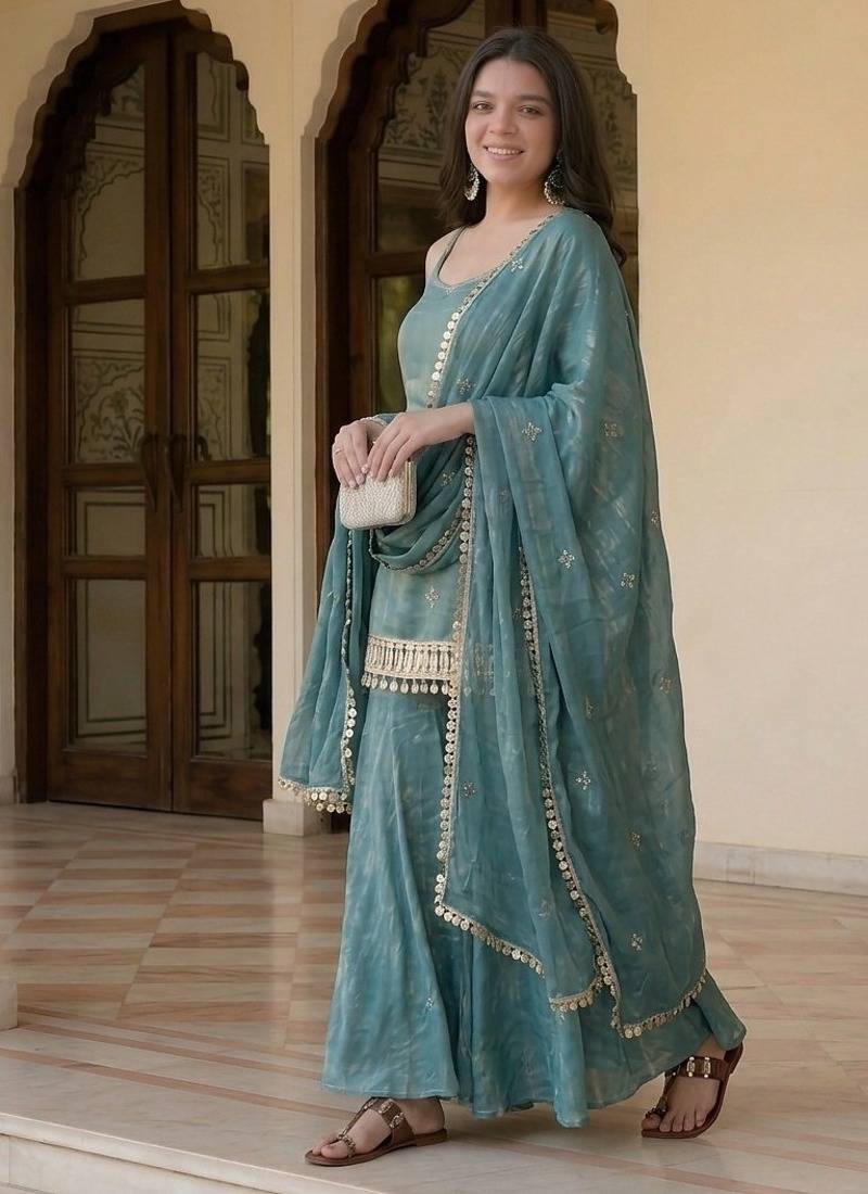 Teal green silk blend embroidered kurta & sharara set