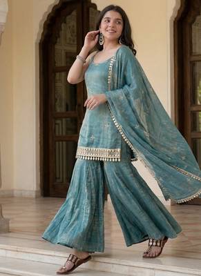 Teal green silk blend embroidered kurta & sharara set 2