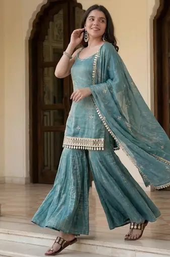 Teal green silk blend embroidered kurta & sharara set