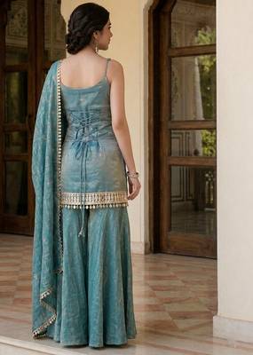 Teal green silk blend embroidered kurta & sharara set 3