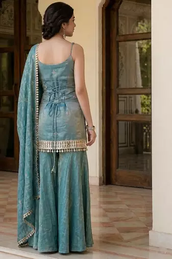 Teal green silk blend embroidered kurta & sharara set