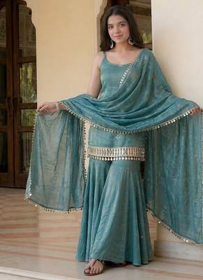 Teal green silk blend embroidered kurta & sharara set 4