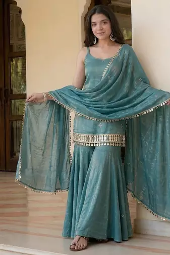 Teal green silk blend embroidered kurta & sharara set