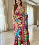 Multi Color  Ajrakh Print And  Real Mirror work Silk Saree