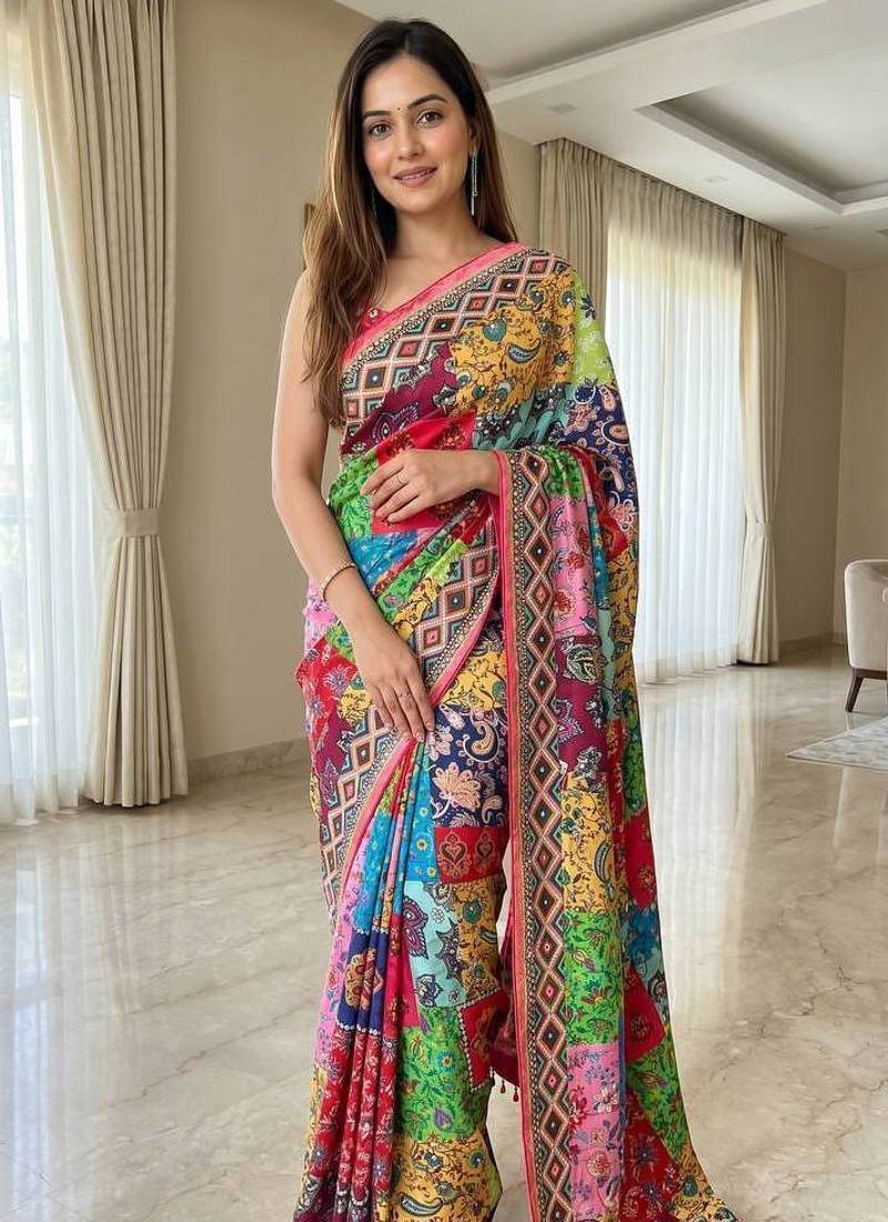 Multi Color  Ajrakh Print And  Real Mirror work Silk Saree