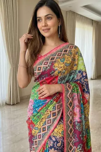 Multi Color  Ajrakh Print And  Real Mirror work Silk Saree
