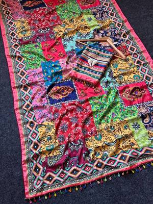 Multi Color  Ajrakh Print And  Real Mirror work Silk Saree 4