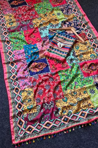 Multi Color  Ajrakh Print And  Real Mirror work Silk Saree