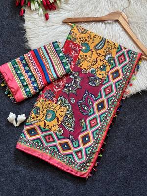 Multi Color  Ajrakh Print And  Real Mirror work Silk Saree 5