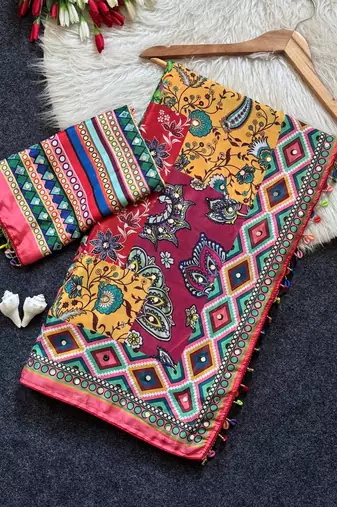 Multi Color  Ajrakh Print And  Real Mirror work Silk Saree