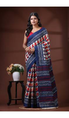 Offwhite & midnight blue  malmal cotton saree with red handblock print design 1