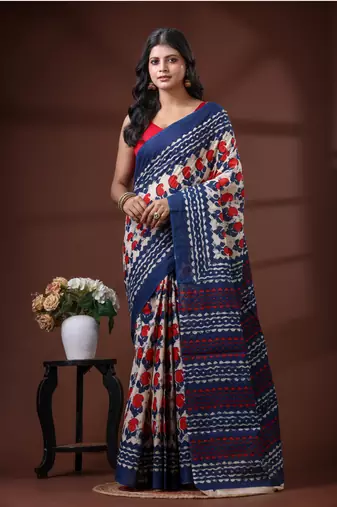 Offwhite & midnight blue  malmal cotton saree with red handblock print design