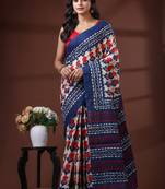 Offwhite & midnight blue  malmal cotton saree with red handblock print design