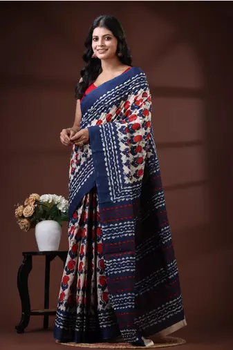 Offwhite & midnight blue  malmal cotton saree with red handblock print design