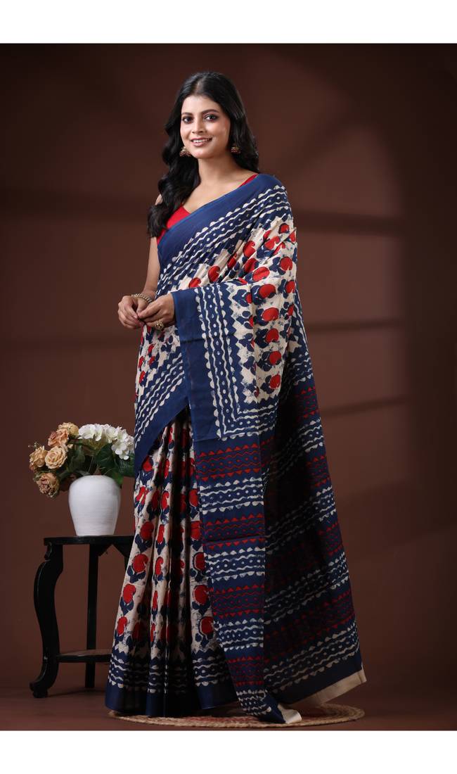 Offwhite & midnight blue  malmal cotton saree with red handblock print design