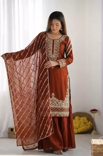 Designer pure fendy silk sharara suit set with heavy embroidery beads work & dupatta