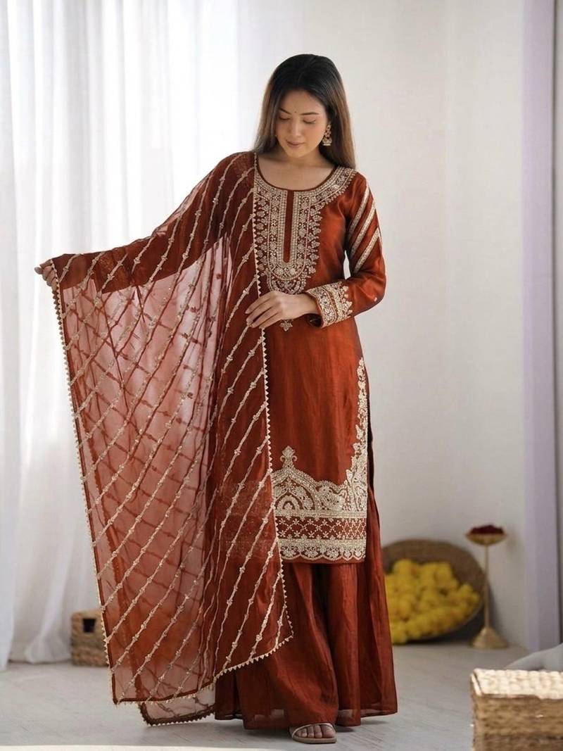 Designer pure fendy silk sharara suit set with heavy embroidery beads work & dupatta