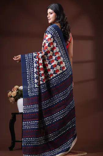 Offwhite & midnight blue  malmal cotton saree with red handblock print design