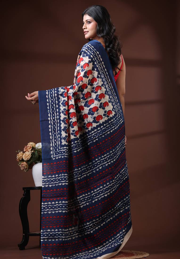 Offwhite & midnight blue  malmal cotton saree with red handblock print design