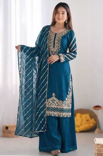 Designer pure fendy silk sharara suit set with heavy embroidery beads work & dupatta