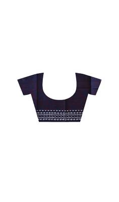 Offwhite & midnight blue  malmal cotton saree with red handblock print design 4