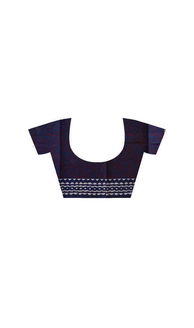 Offwhite & midnight blue  malmal cotton saree with red handblock print design