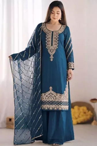 Designer pure fendy silk sharara suit set with heavy embroidery beads work & dupatta