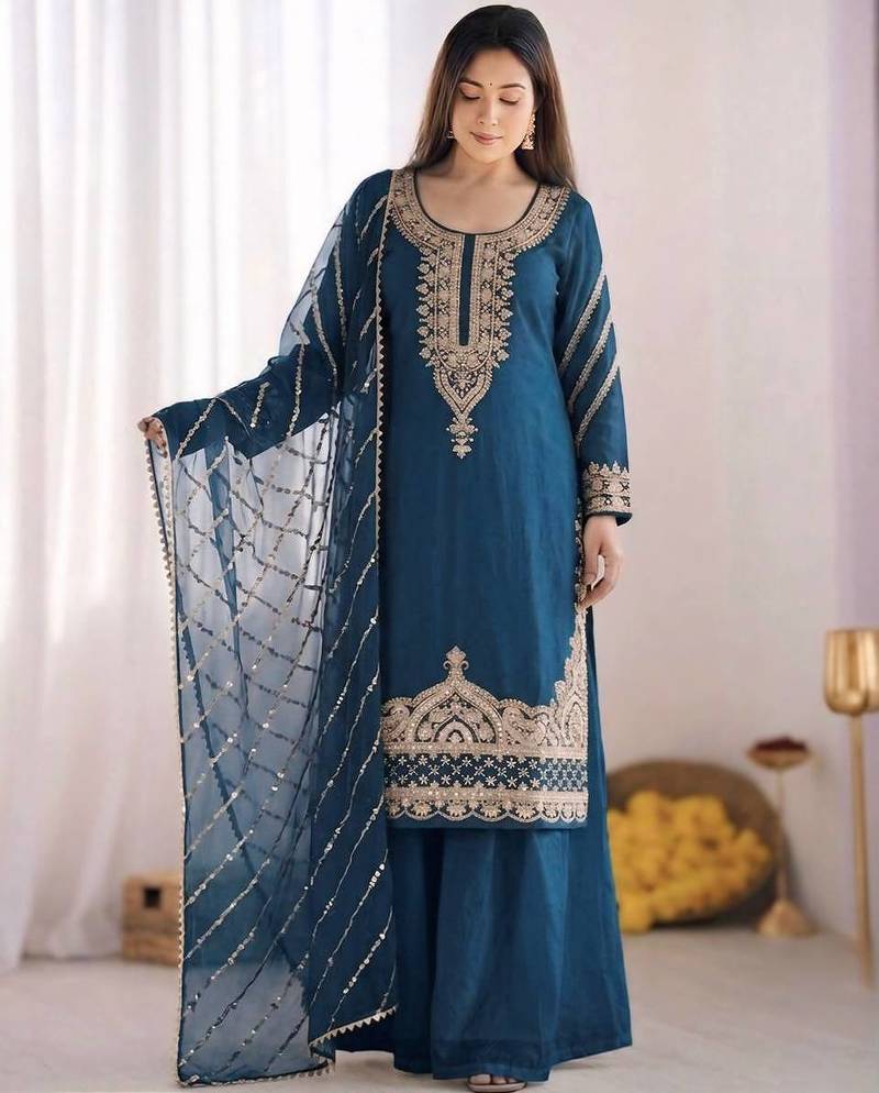 Designer pure fendy silk sharara suit set with heavy embroidery beads work & dupatta