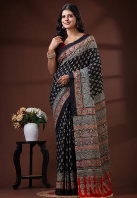 Black  malmal cotton saree with traditional ajrakh inspired handblock print design 1